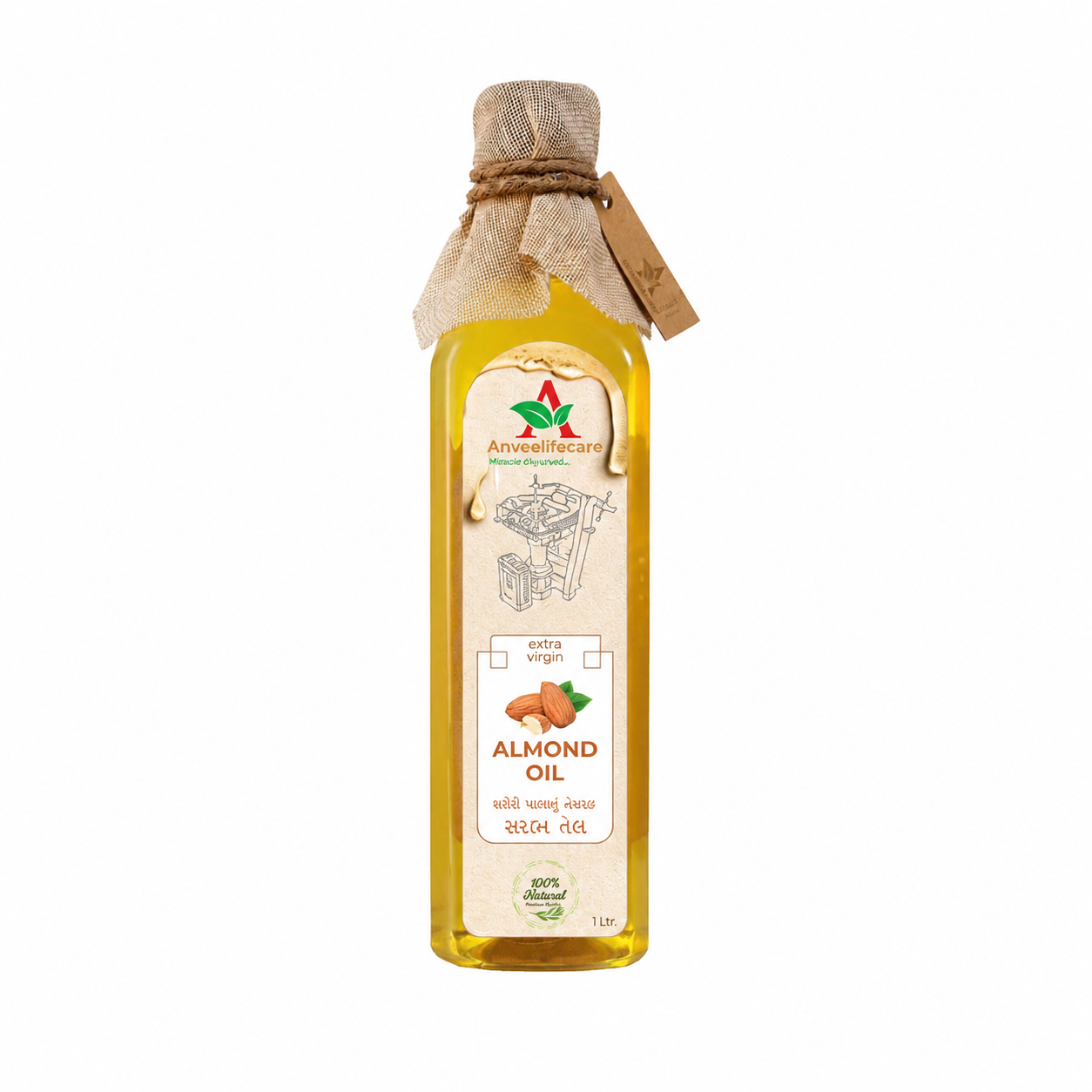 Anveelifecare kachi ghani cold-pressed almond oil bottle, 100% natural organic badam oil for skin and hair