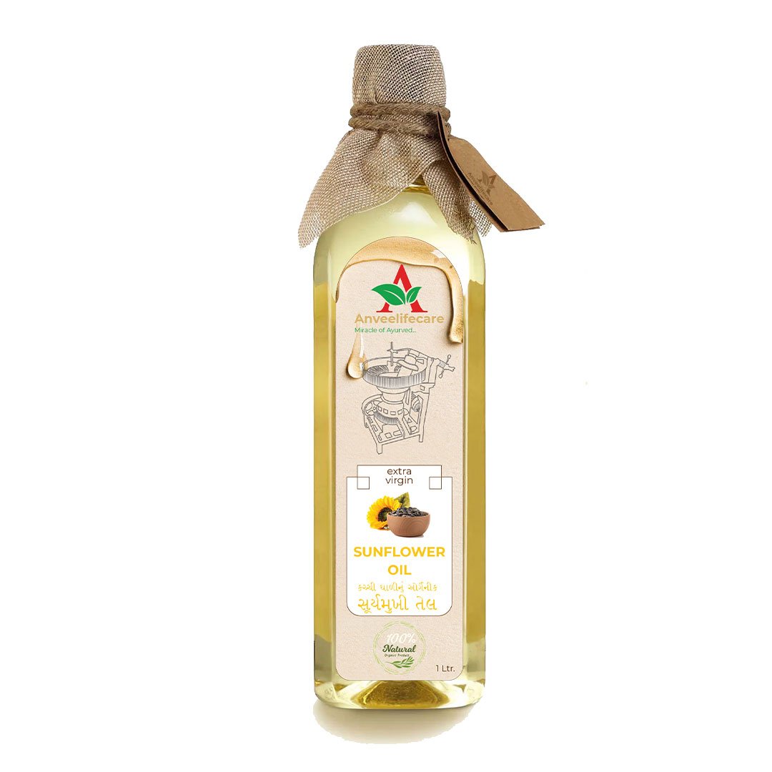 Anveelifecare kachi ghani cold-pressed sunflower oil bottle, 100% natural organic unrefined cooking oil